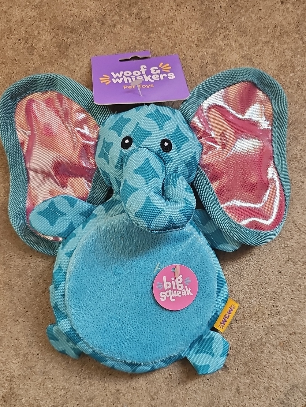 Squeaky Elephant Dog Pet Toy Squeak Crinkles Woof & Whiskers New